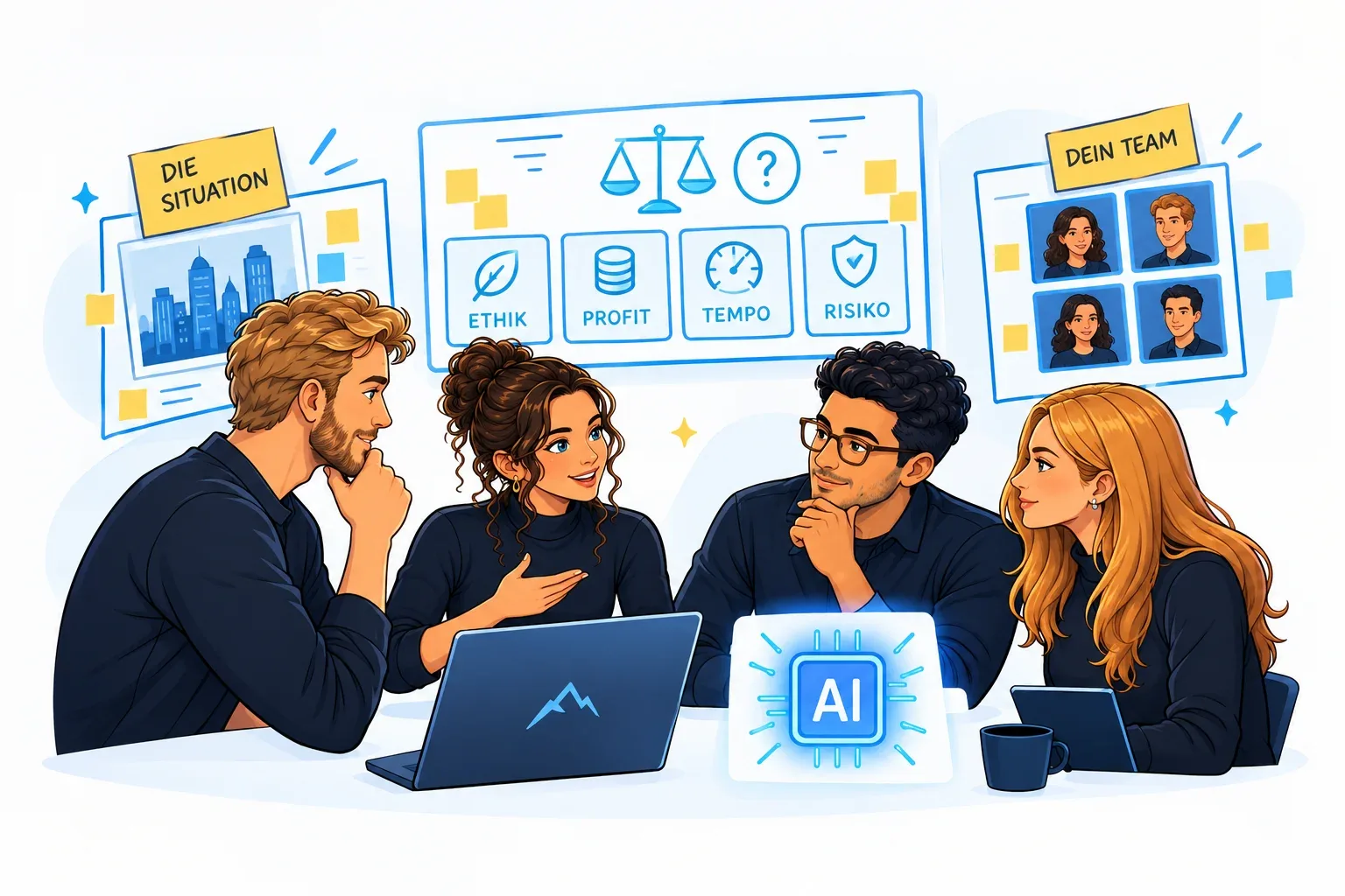 A leadership team in a Decision Room, weighing ethics, profit, speed and risk around an AI dilemma
